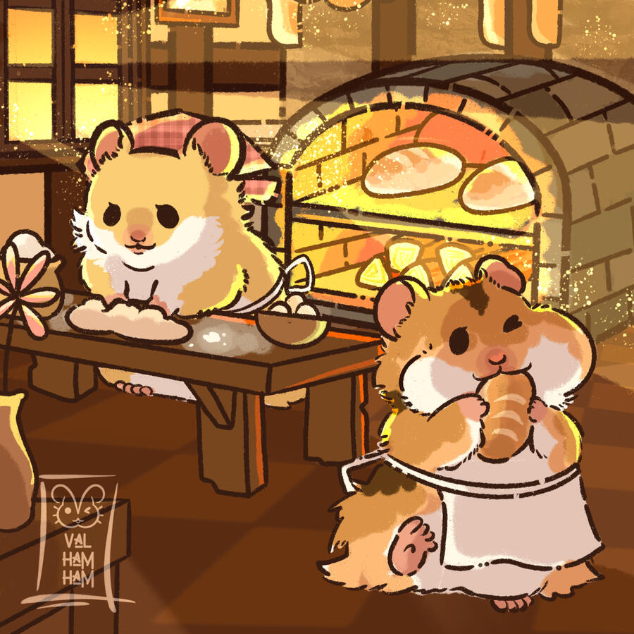 Two hamsters baking fresh bread to sell for the day.